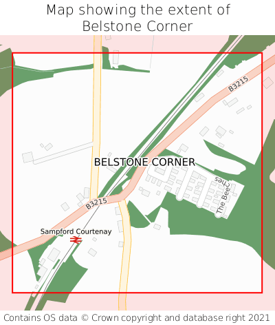 Map showing extent of Belstone Corner as bounding box
