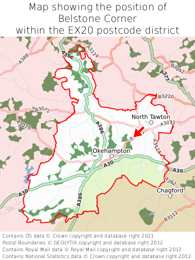 Map showing location of Belstone Corner within EX20