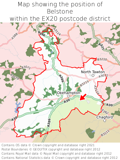 Map showing location of Belstone within EX20