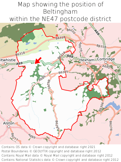 Map showing location of Beltingham within NE47