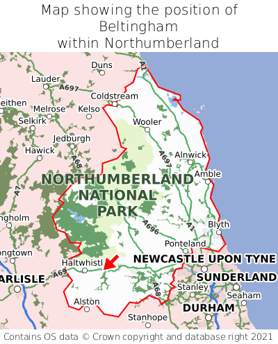 Map showing location of Beltingham within Northumberland