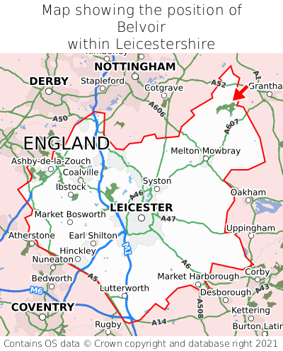 Map showing location of Belvoir within Leicestershire