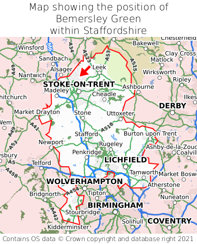 Map showing location of Bemersley Green within Staffordshire