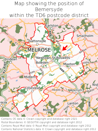 Map showing location of Bemersyde within TD6