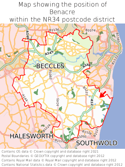 Map showing location of Benacre within NR34