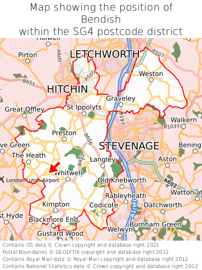 Map showing location of Bendish within SG4