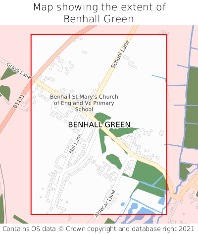 Map showing extent of Benhall Green as bounding box