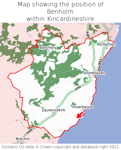 Map showing location of Benholm within Kincardineshire