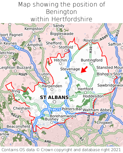 Map showing location of Benington within Hertfordshire