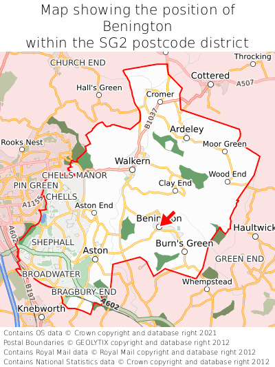 Map showing location of Benington within SG2