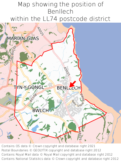 Map showing location of Benllech within LL74