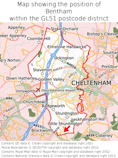 Map showing location of Bentham within GL51