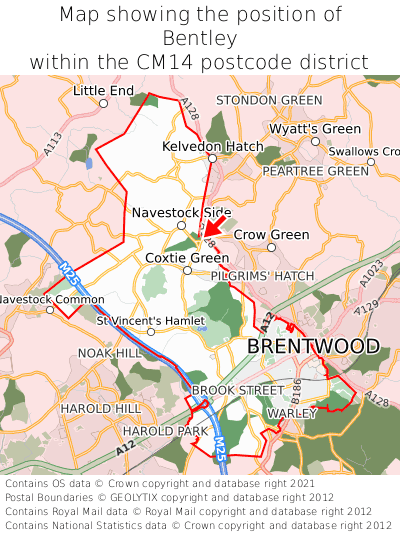 Map showing location of Bentley within CM14