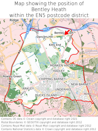 Map showing location of Bentley Heath within EN5
