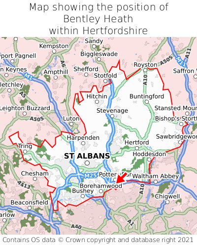 Map showing location of Bentley Heath within Hertfordshire