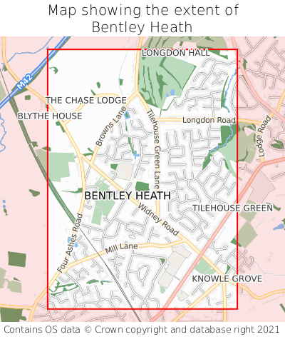 Map showing extent of Bentley Heath as bounding box