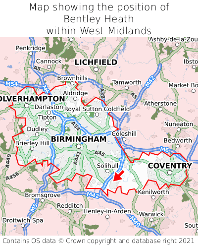 Map showing location of Bentley Heath within West Midlands