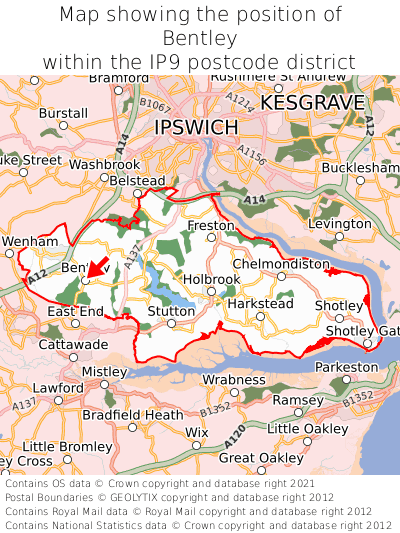 Map showing location of Bentley within IP9
