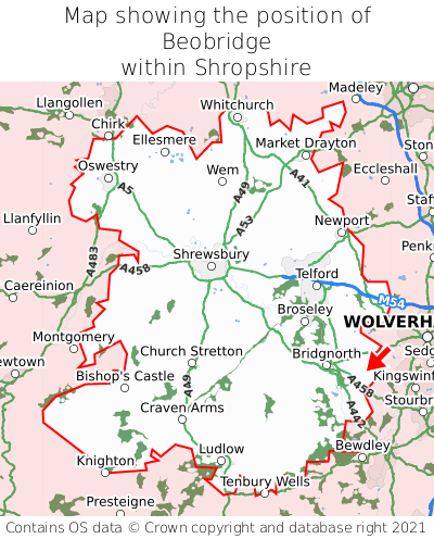 Map showing location of Beobridge within Shropshire