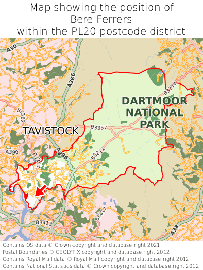 Map showing location of Bere Ferrers within PL20