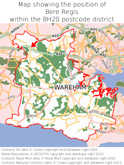 Map showing location of Bere Regis within BH20