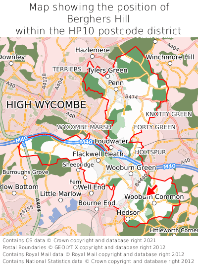Map showing location of Berghers Hill within HP10