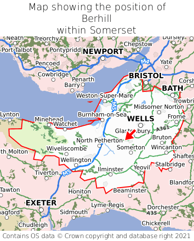 Map showing location of Berhill within Somerset
