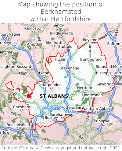 Map showing location of Berkhamsted within Hertfordshire