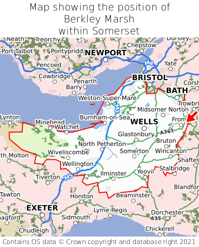 Map showing location of Berkley Marsh within Somerset