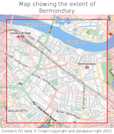 Map showing extent of Bermondsey as bounding box