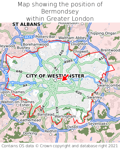 Map showing location of Bermondsey within Greater London