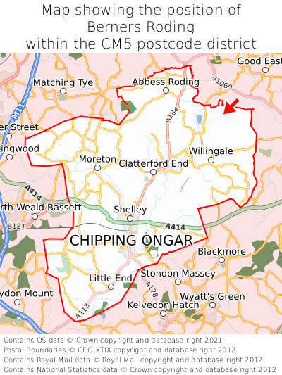 Map showing location of Berners Roding within CM5