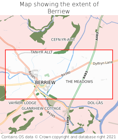 Map showing extent of Berriew as bounding box