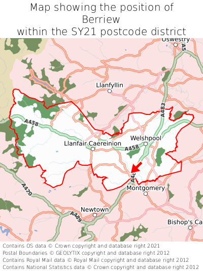 Map showing location of Berriew within SY21