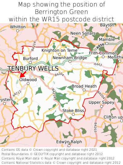 Map showing location of Berrington Green within WR15