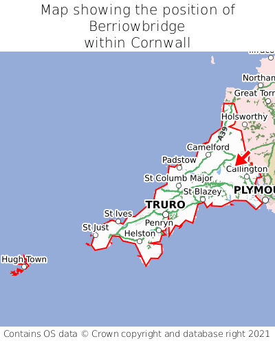 Map showing location of Berriowbridge within Cornwall