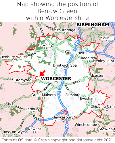 Map showing location of Berrow Green within Worcestershire