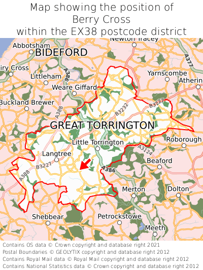 Map showing location of Berry Cross within EX38