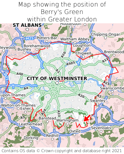 Map showing location of Berry's Green within Greater London
