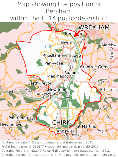 Map showing location of Bersham within LL14