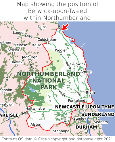 Map showing location of Berwick-upon-Tweed within Northumberland