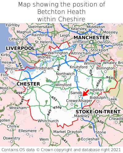 Map showing location of Betchton Heath within Cheshire
