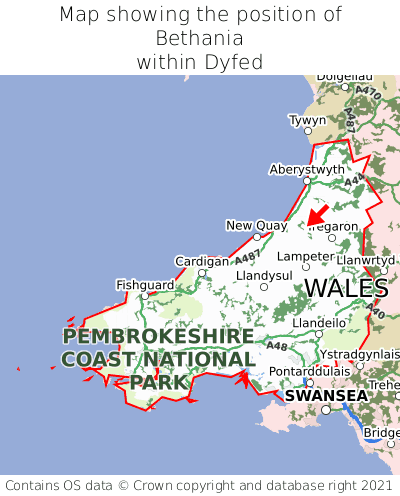 Map showing location of Bethania within Dyfed