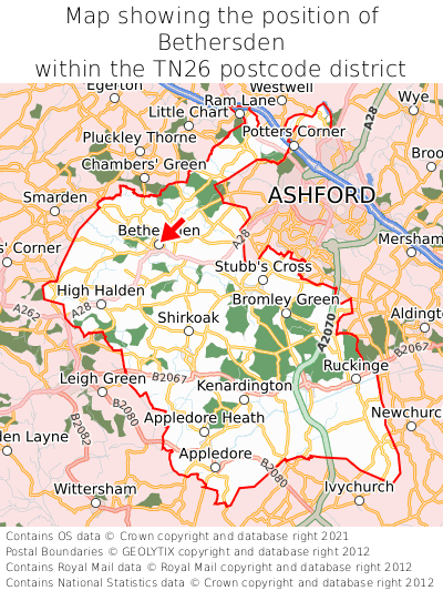 Map showing location of Bethersden within TN26