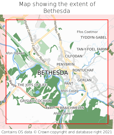 Map showing extent of Bethesda as bounding box