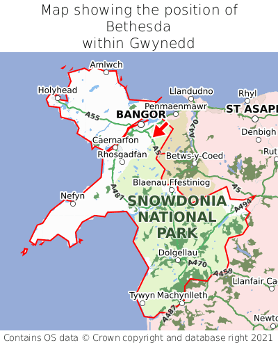 Map showing location of Bethesda within Gwynedd