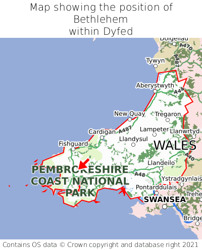 Map showing location of Bethlehem within Dyfed