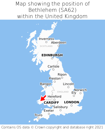 Map showing location of Bethlehem within the UK