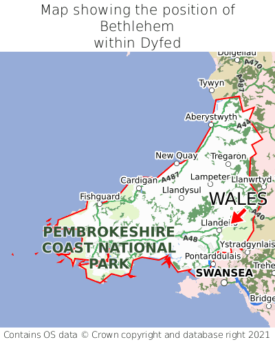 Map showing location of Bethlehem within Dyfed