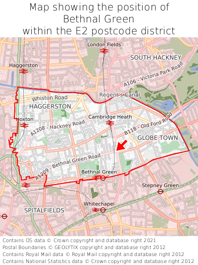 Map showing location of Bethnal Green within E2